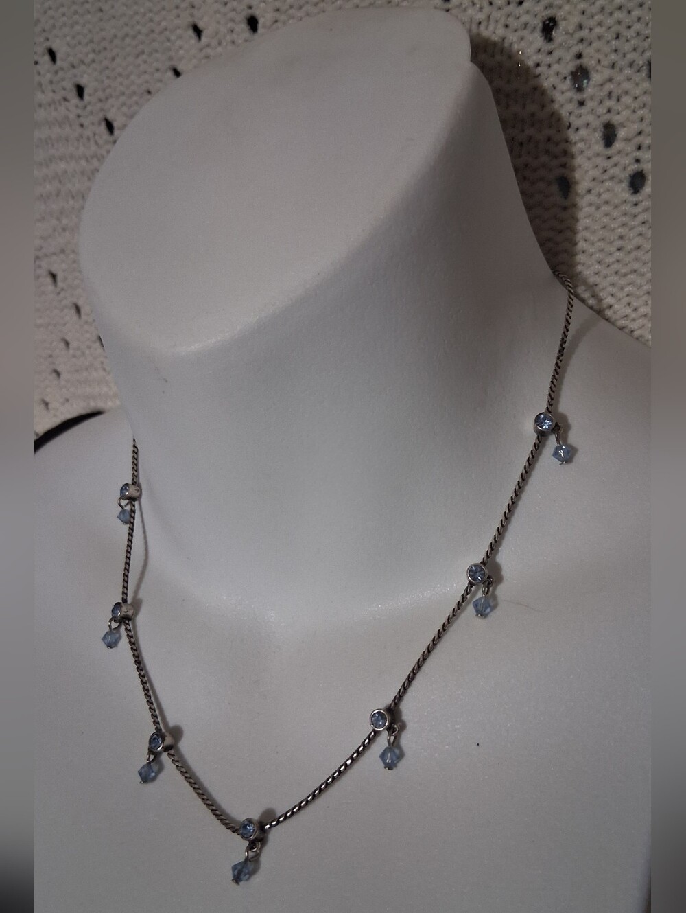 Silver Chain Necklace with Light Blue Crystal Drops